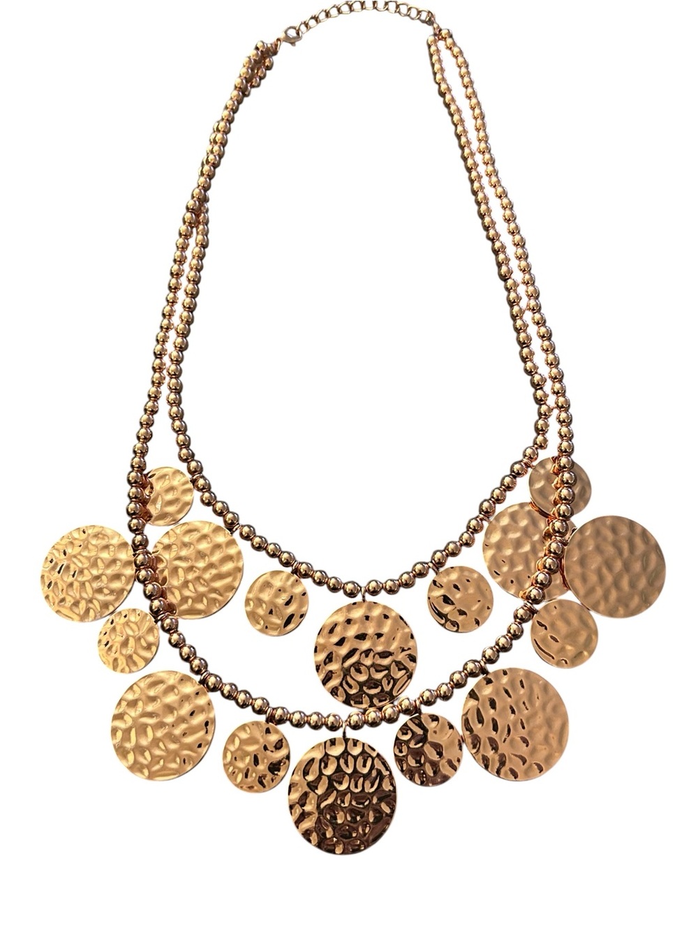 Copper tone hammered circle necklace double strand beaded 24”